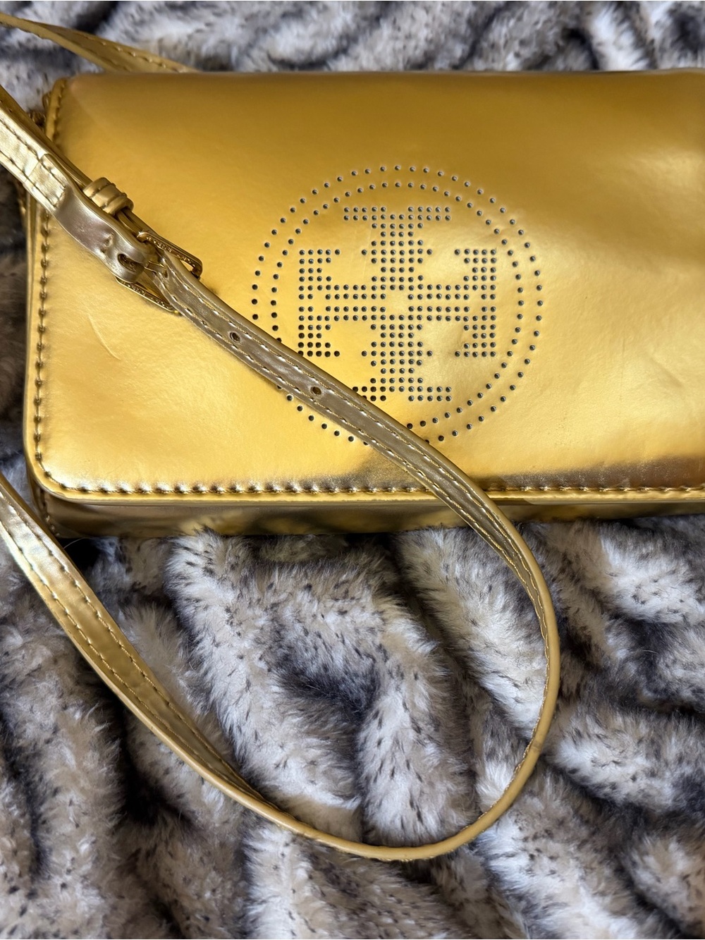 Tory Burch Metallic Gold Perforated Logo Crossbody
